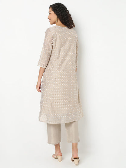 Straight Fit Embroidered Round Neck Kurta With Pant With Dupatta Set
