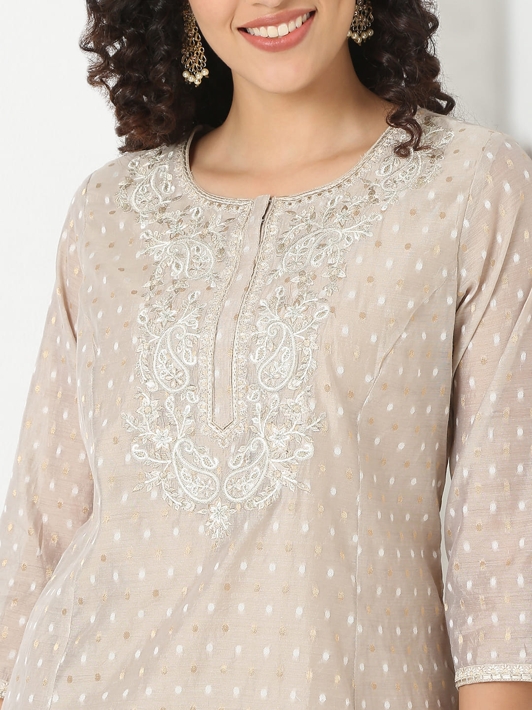 Straight Fit Embroidered Round Neck Kurta With Pant With Dupatta Set