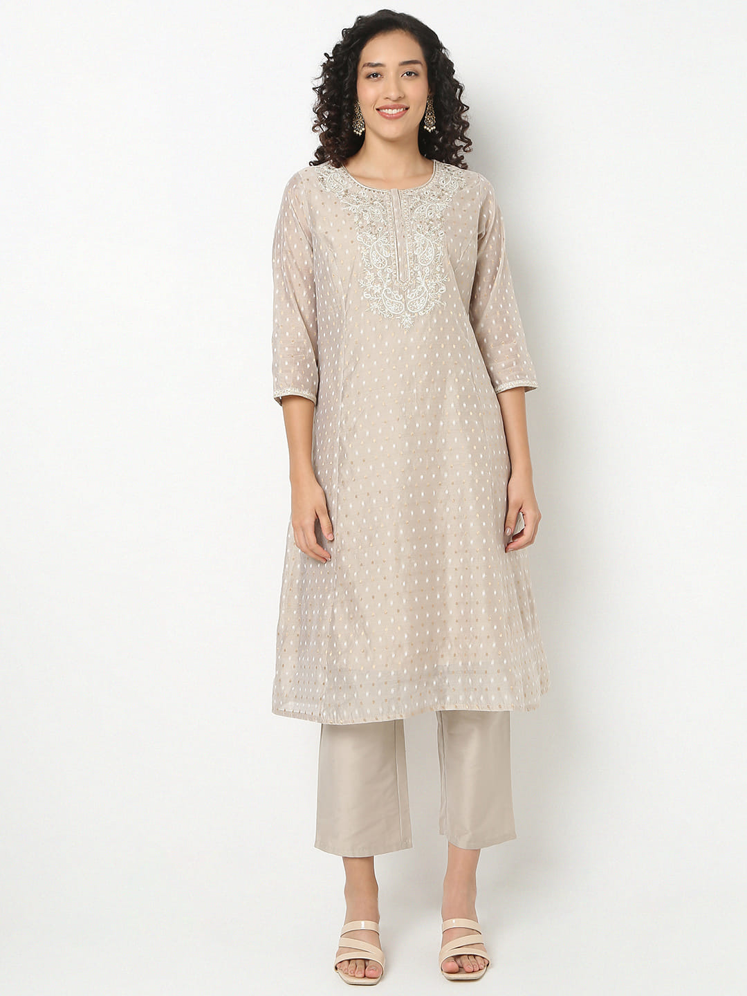 Straight Fit Embroidered Round Neck Kurta With Pant With Dupatta Set