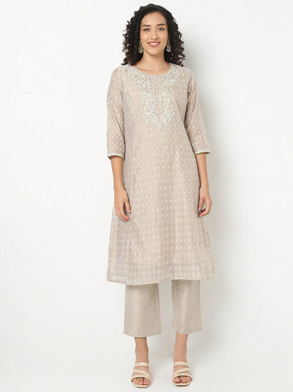 Straight Fit Embroidered Round Neck Kurta With Pant With Dupatta Set