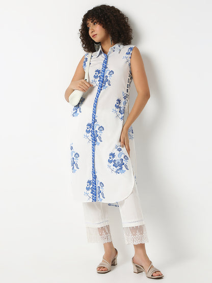 Straight Fit Printed Shirt Collar Sleeveless Kurta