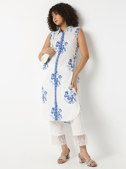 Straight Fit Printed Shirt Collar Sleeveless Kurta