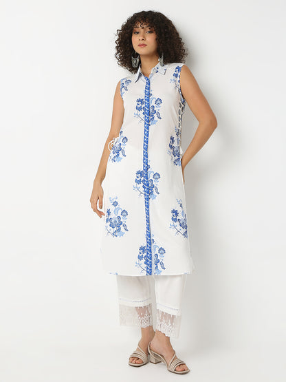 Straight Fit Printed Shirt Collar Sleeveless Kurta
