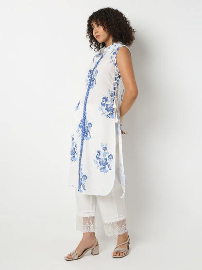 Straight Fit Printed Shirt Collar Sleeveless Kurta