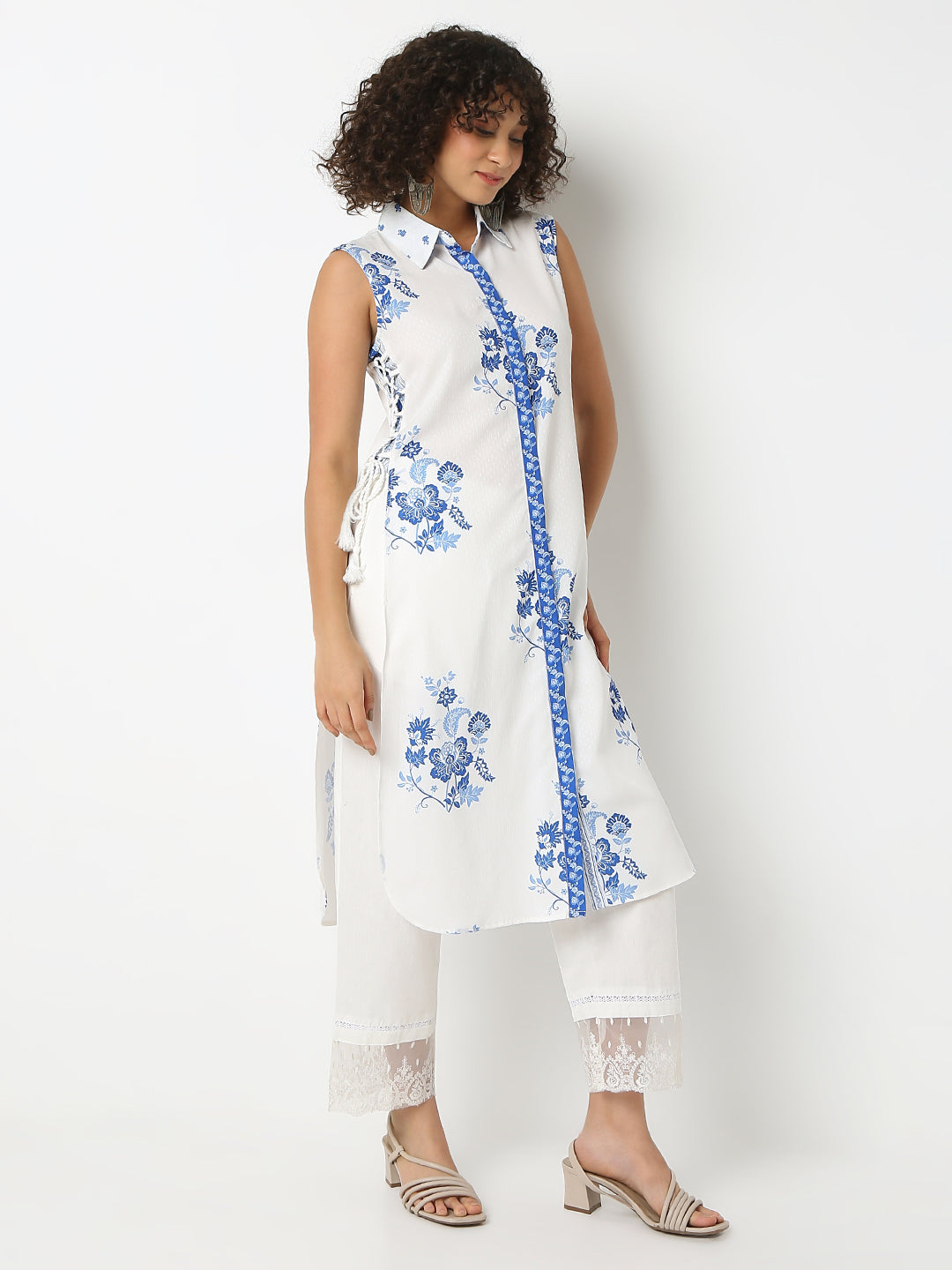 Straight Fit Printed Shirt Collar Sleeveless Kurta