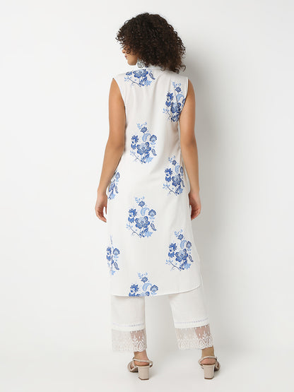 Straight Fit Printed Shirt Collar Sleeveless Kurta