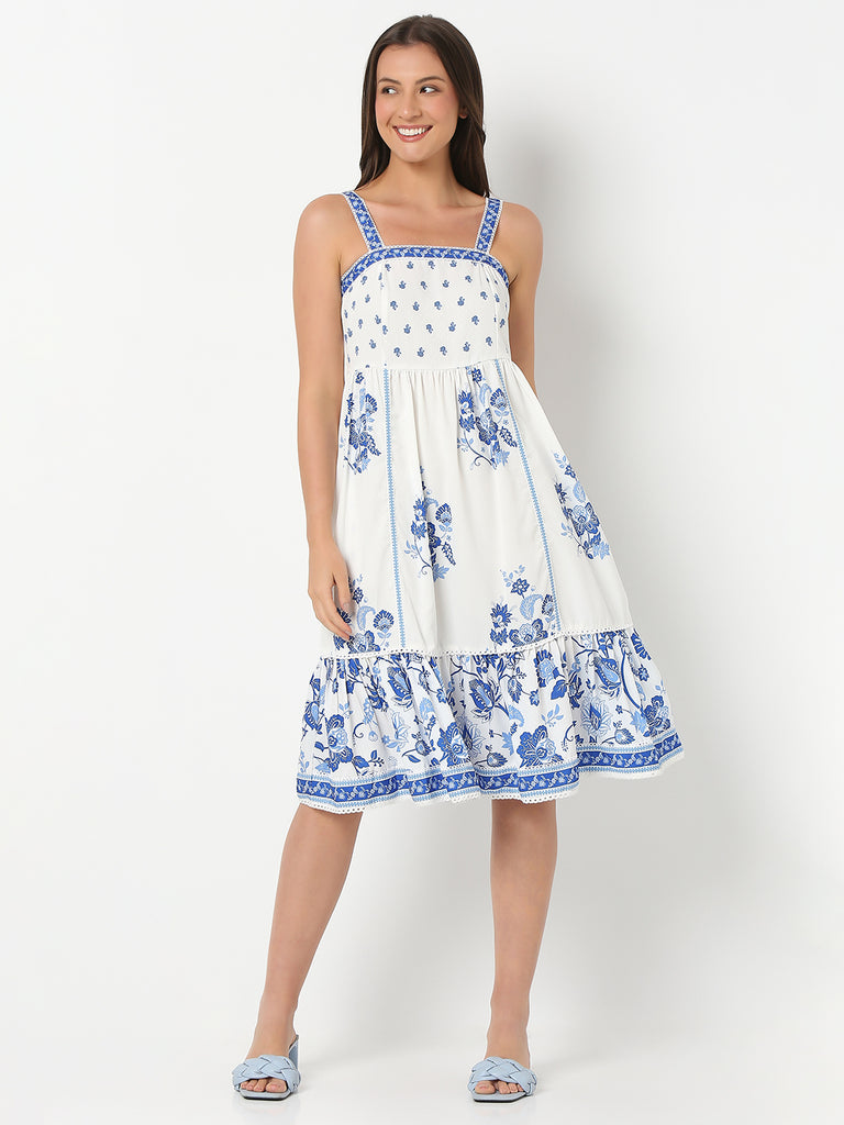 Regular Fit Printed Shoulder Straps Sleeve Dress