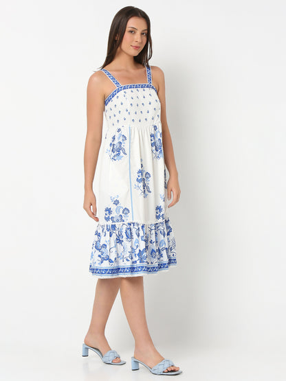 Regular Fit Printed Shoulder Straps Sleeve Dress