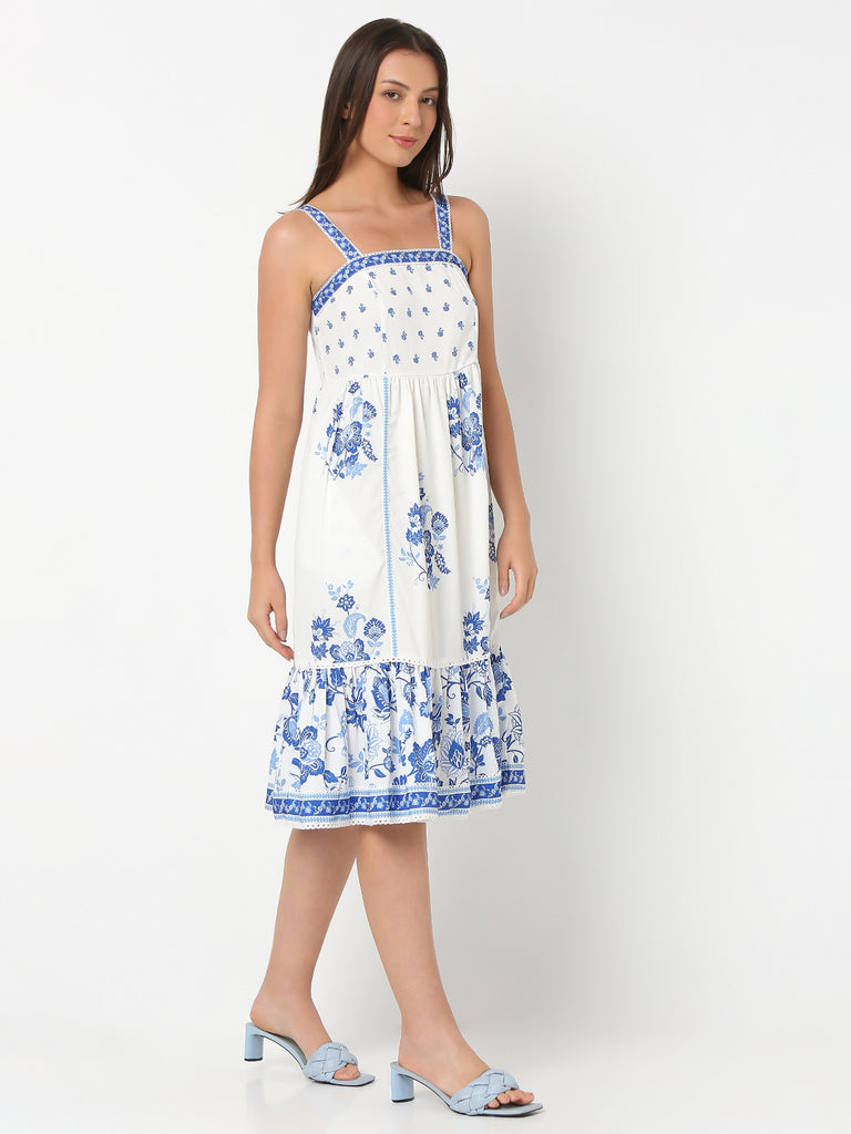 Regular Fit Printed Shoulder Straps Sleeve Dress