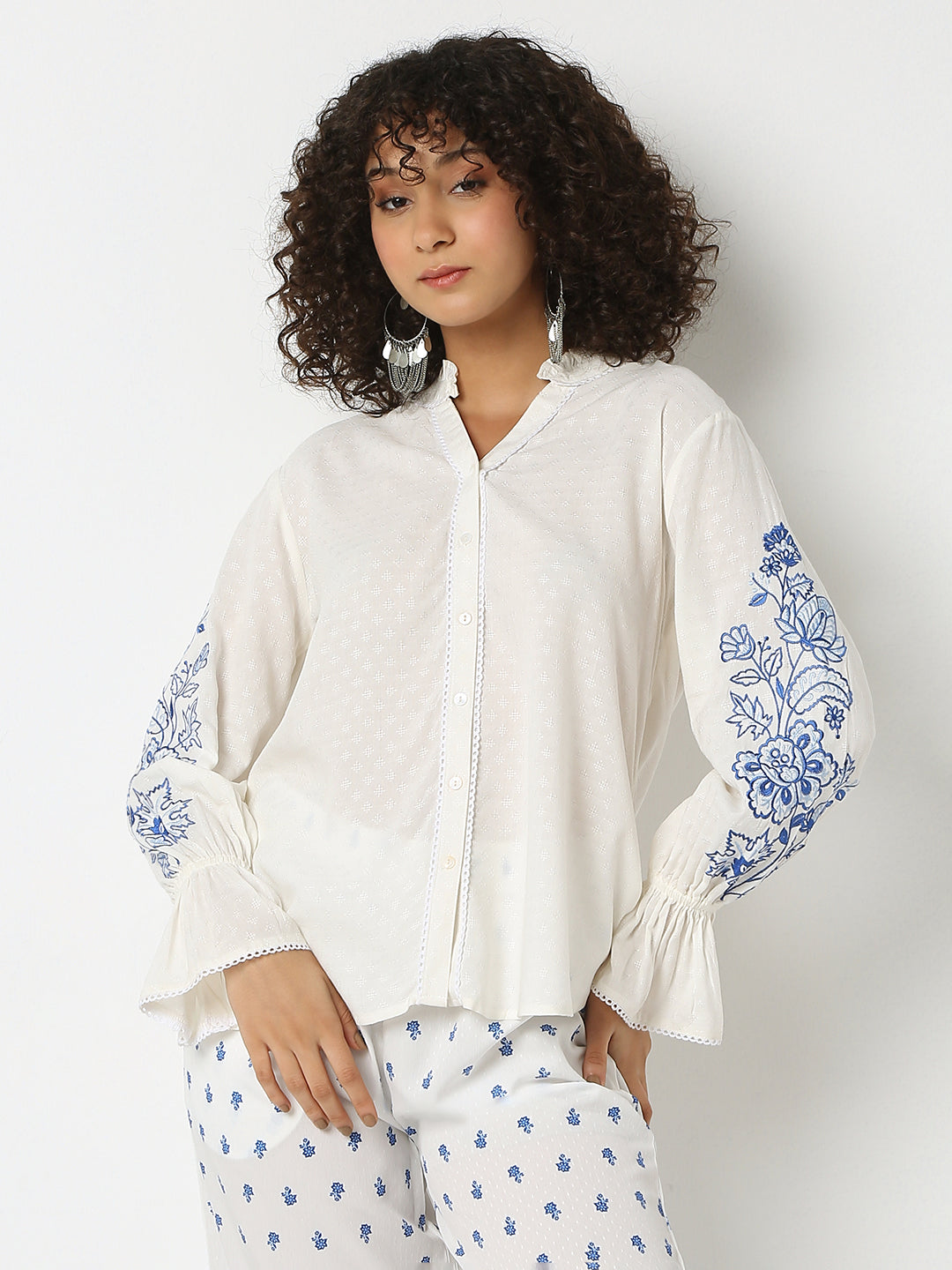 Straight Fit Embroidered Band Neck Full Sleeve Top