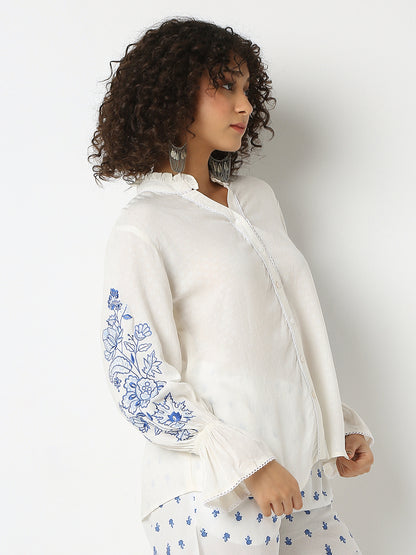 Straight Fit Embroidered Band Neck Full Sleeve Top