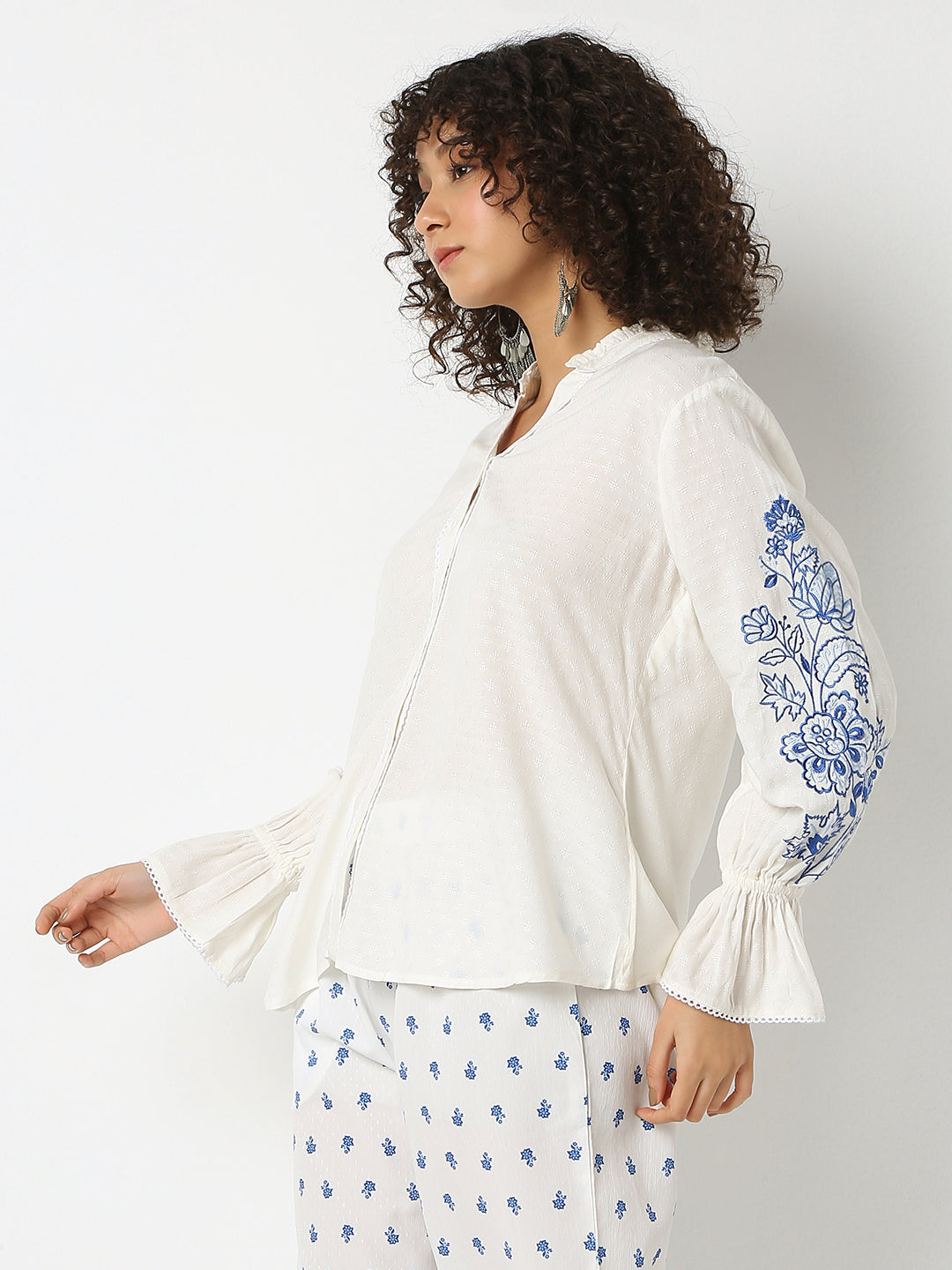 Straight Fit Embroidered Band Neck Full Sleeve Top