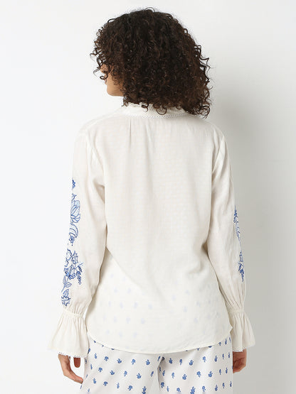 Straight Fit Embroidered Band Neck Full Sleeve Top