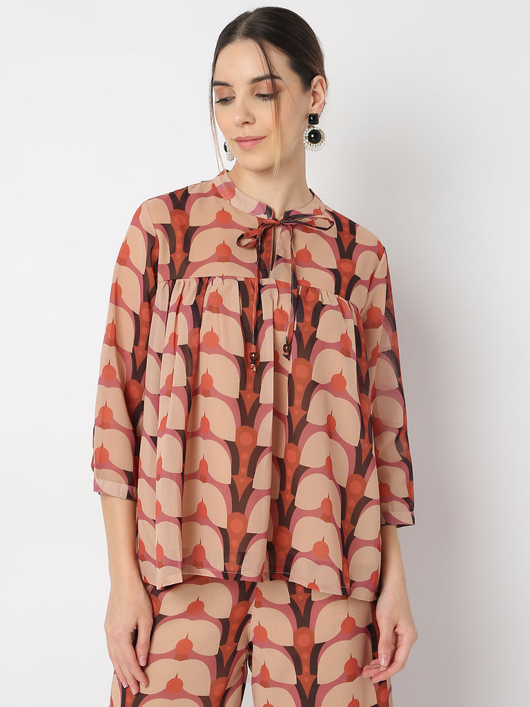 Relaxed Fit Printed Tie-Up Neck Straight Desert Dunes Top