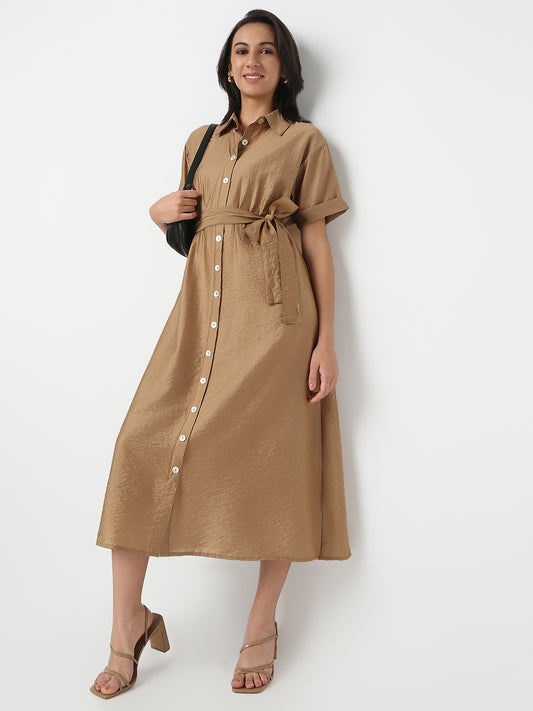Regular Fit Solid Shirt Collar Short Sleeve Dress