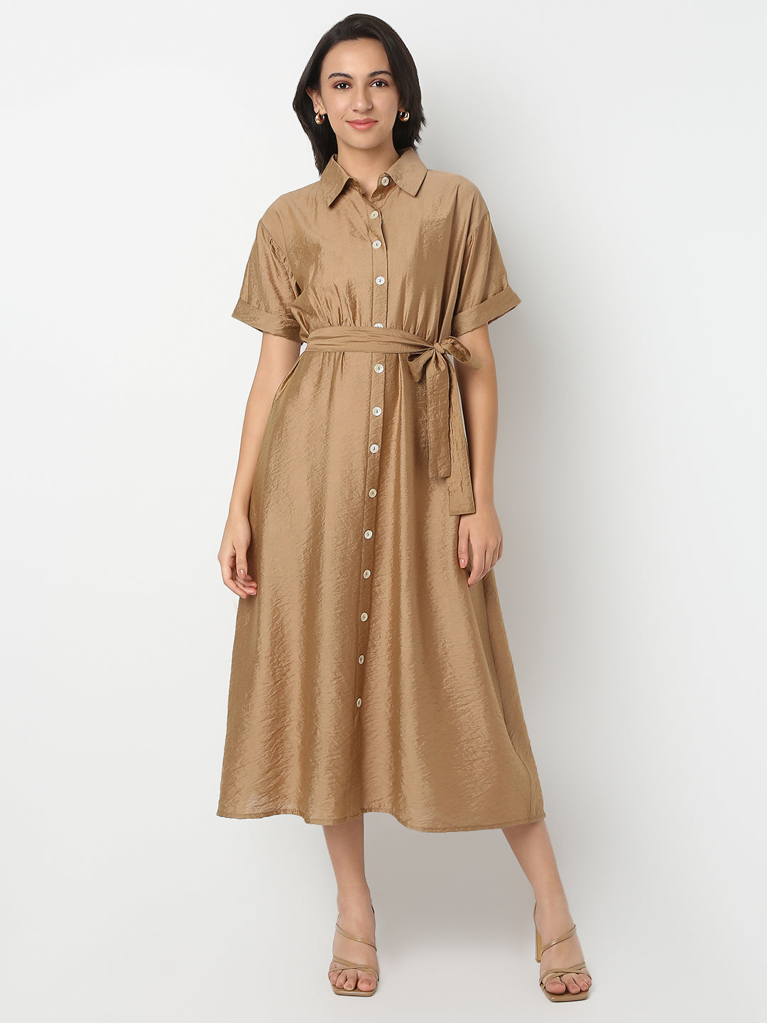 Regular Fit Solid Shirt Collar Short Sleeve Dress