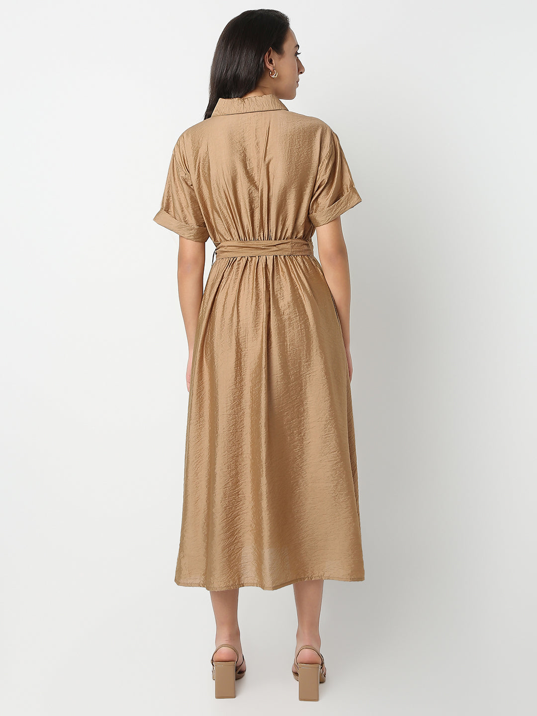 Regular Fit Solid Shirt Collar Short Sleeve Dress