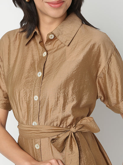 Regular Fit Solid Shirt Collar Short Sleeve Dress