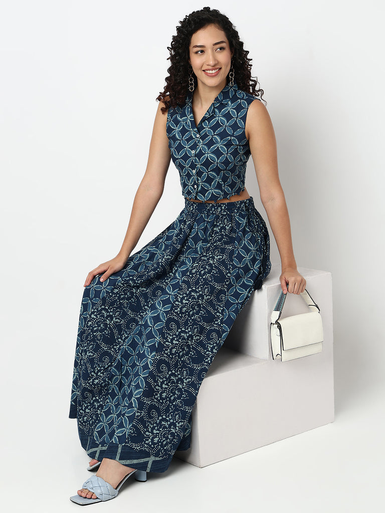Lapel Collar Printed Crop Top