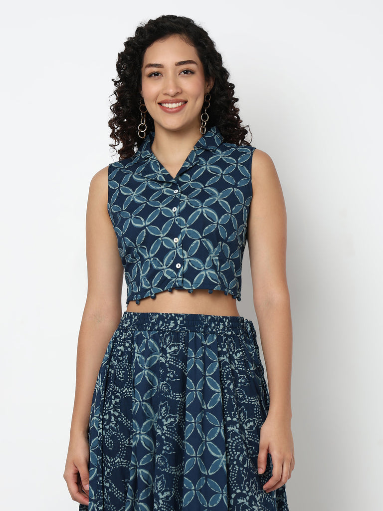 Lapel Collar Printed Crop Top