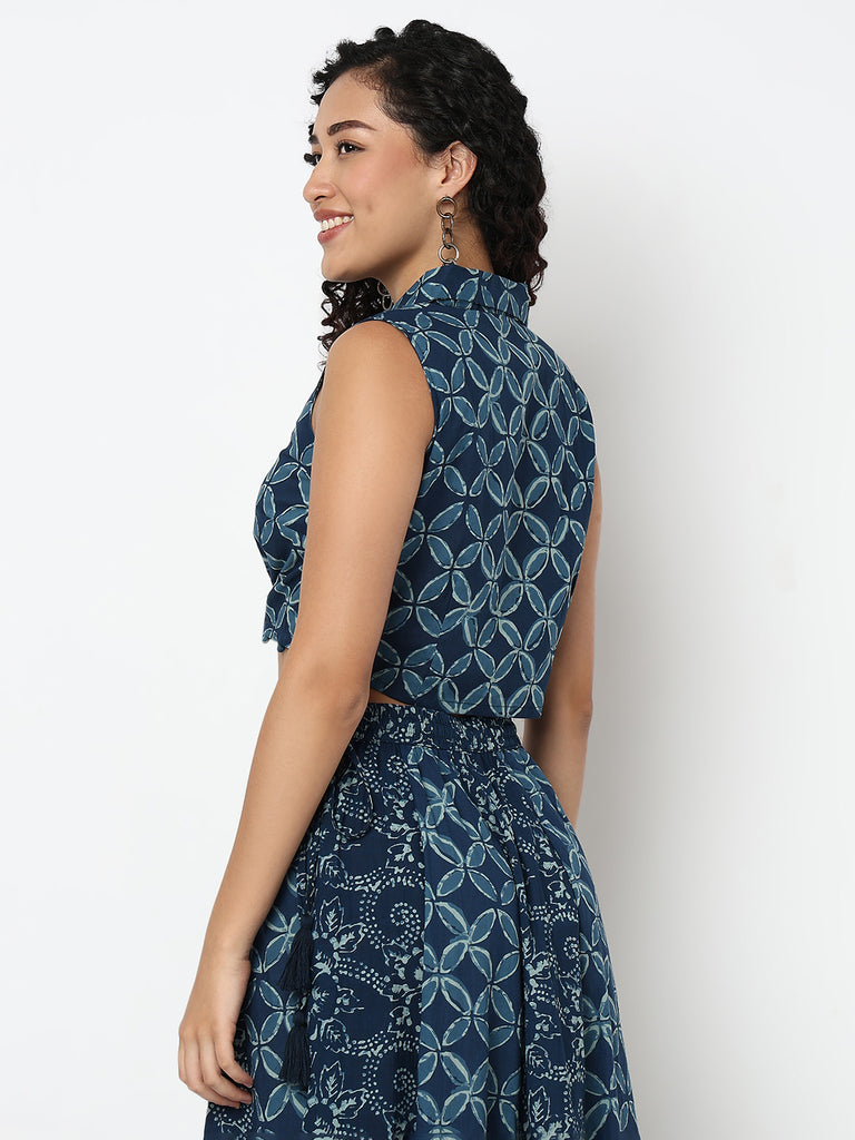 Lapel Collar Printed Crop Top
