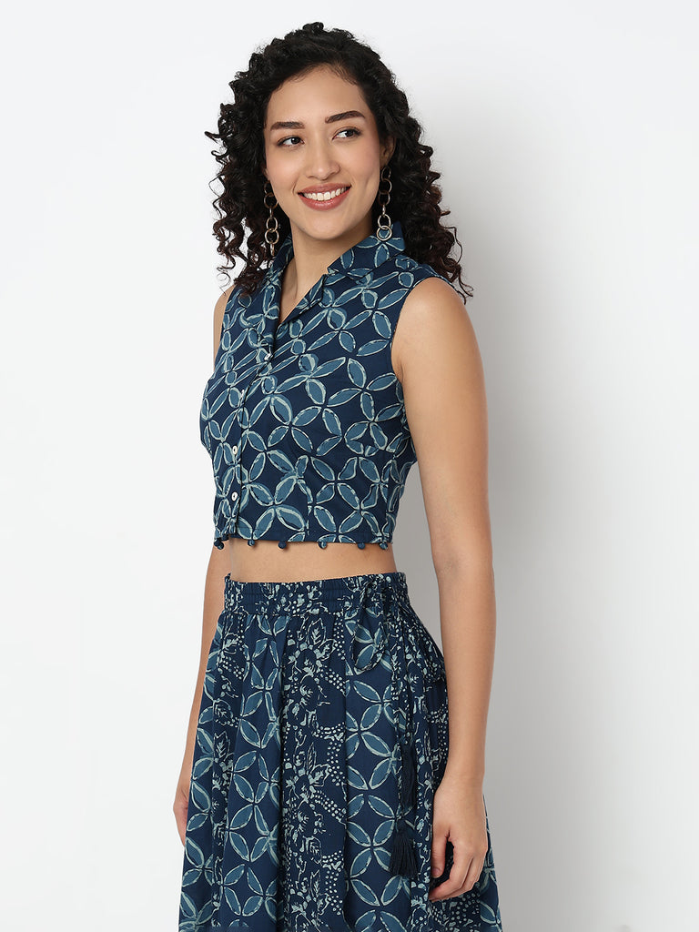 Lapel Collar Printed Crop Top