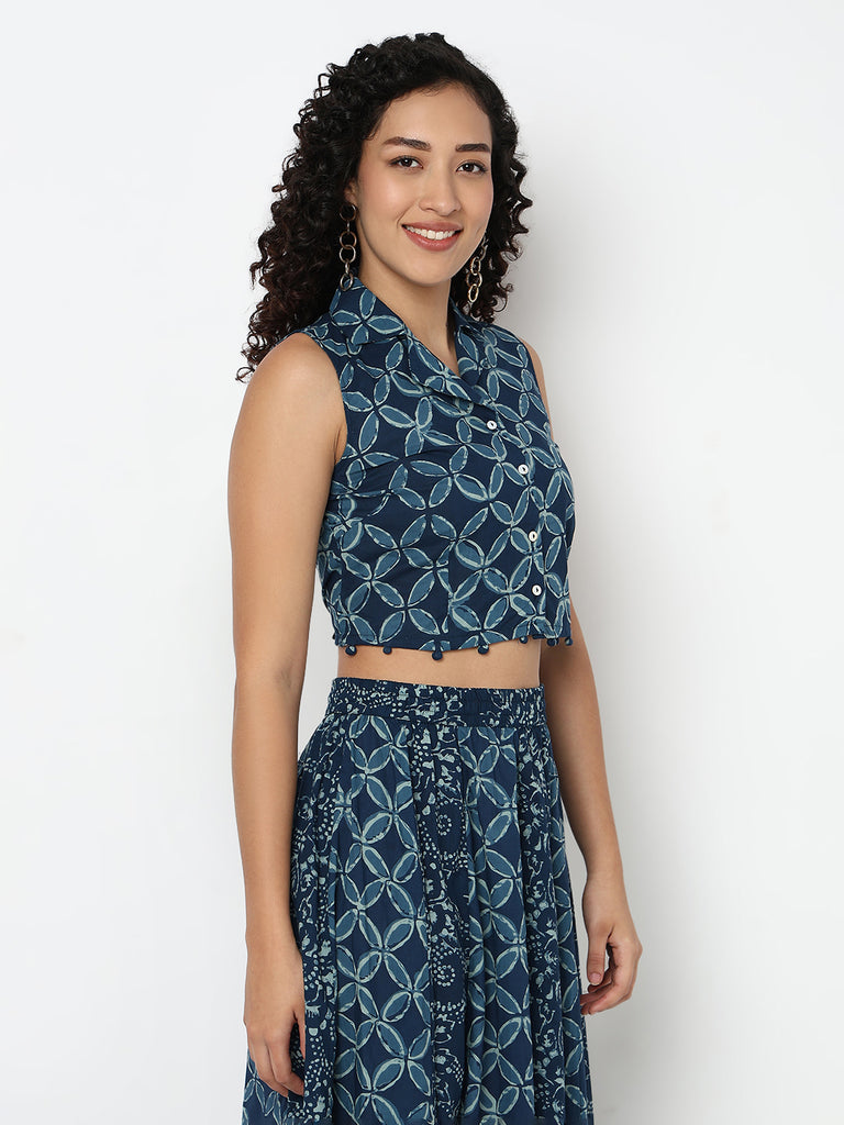 Lapel Collar Printed Crop Top