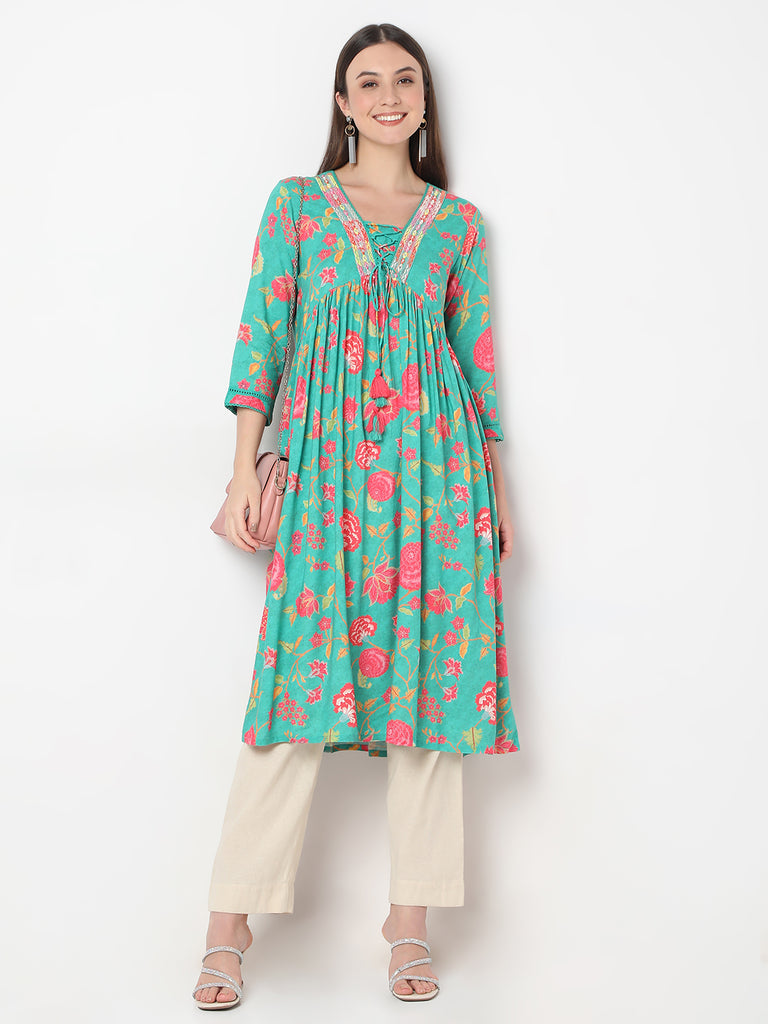 Straight Fit Printed Gathered Kurta