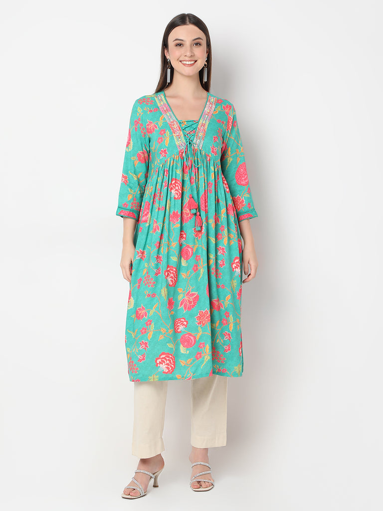 Straight Fit Printed Gathered Kurta