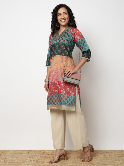 Printed V-Neck Straight Kurta