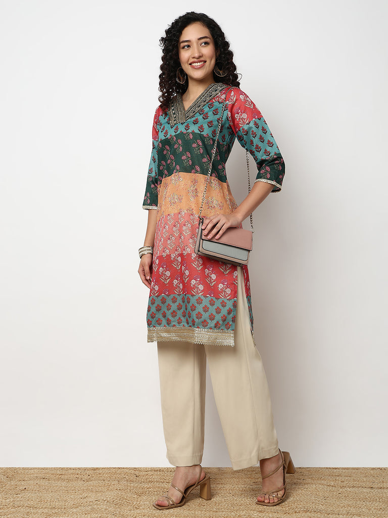 Printed V-Neck Straight Kurta