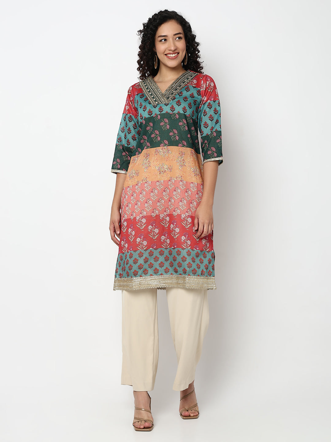 Printed V-Neck Straight Kurta