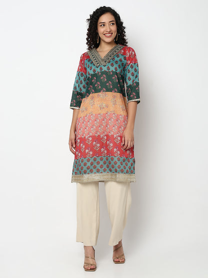 Printed V-Neck Straight Kurta