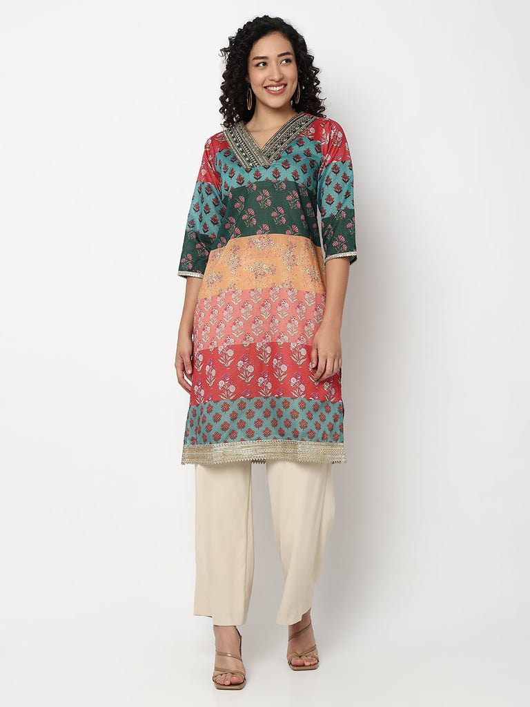 Printed V-Neck Straight Kurta