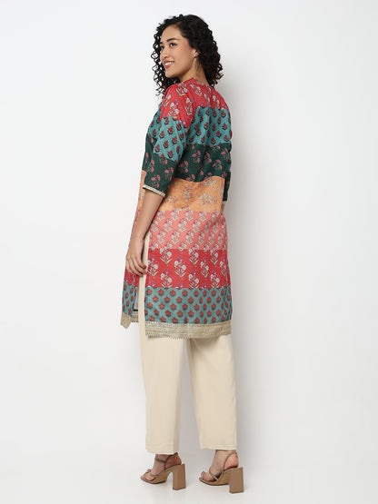 Printed V-Neck Straight Kurta