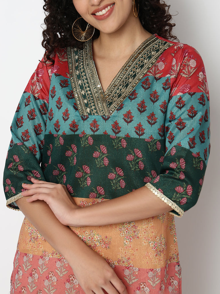 Printed V-Neck Straight Kurta