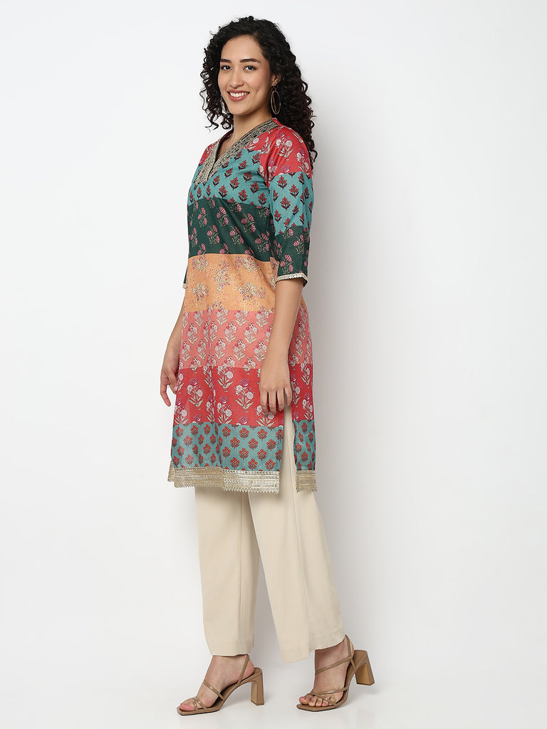 Printed V-Neck Straight Kurta