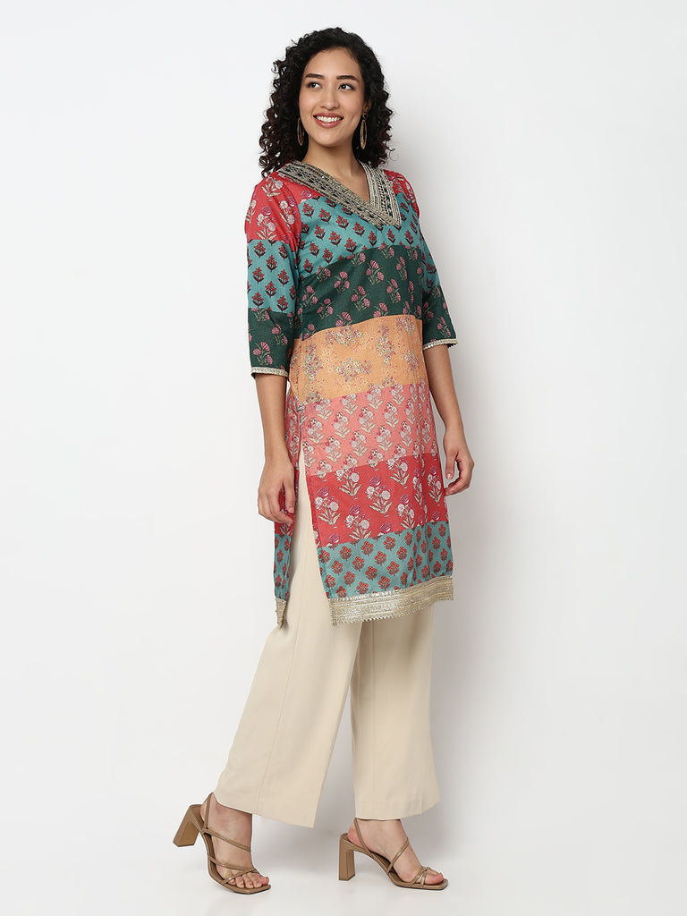 Printed V-Neck Straight Kurta