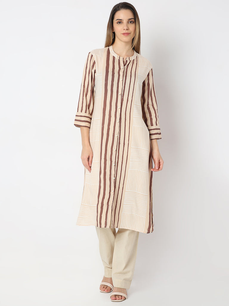 Straight Fit Striped Band Neck Straight Sand Dunes Kurta