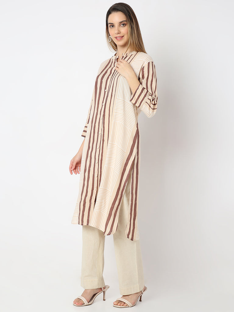 Straight Fit Striped Band Neck Straight Sand Dunes Kurta