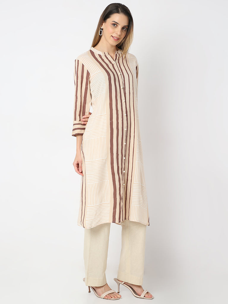 Straight Fit Striped Band Neck Straight Sand Dunes Kurta