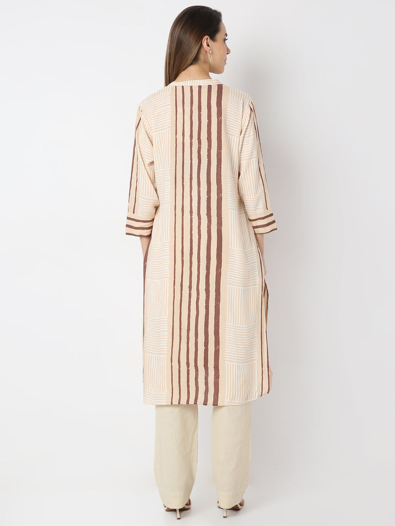 Straight Fit Striped Band Neck Straight Sand Dunes Kurta