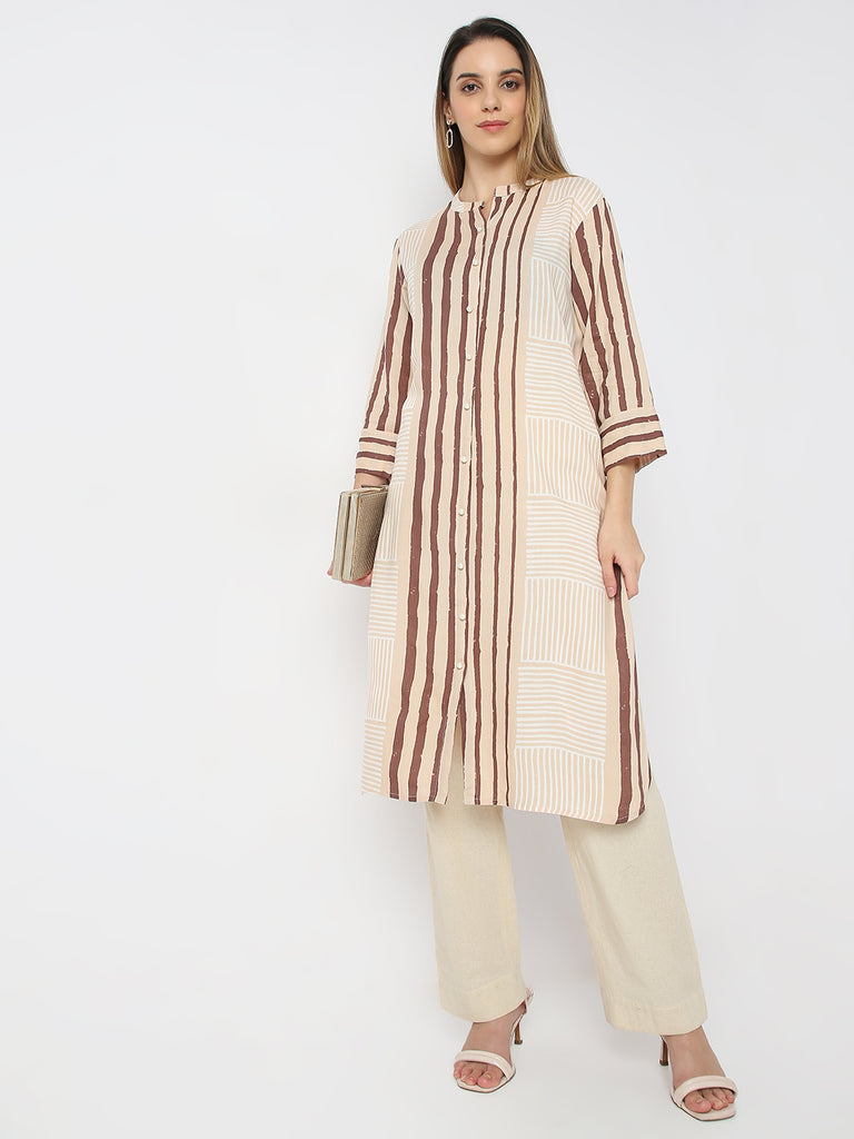 Straight Fit Striped Band Neck Straight Sand Dunes Kurta