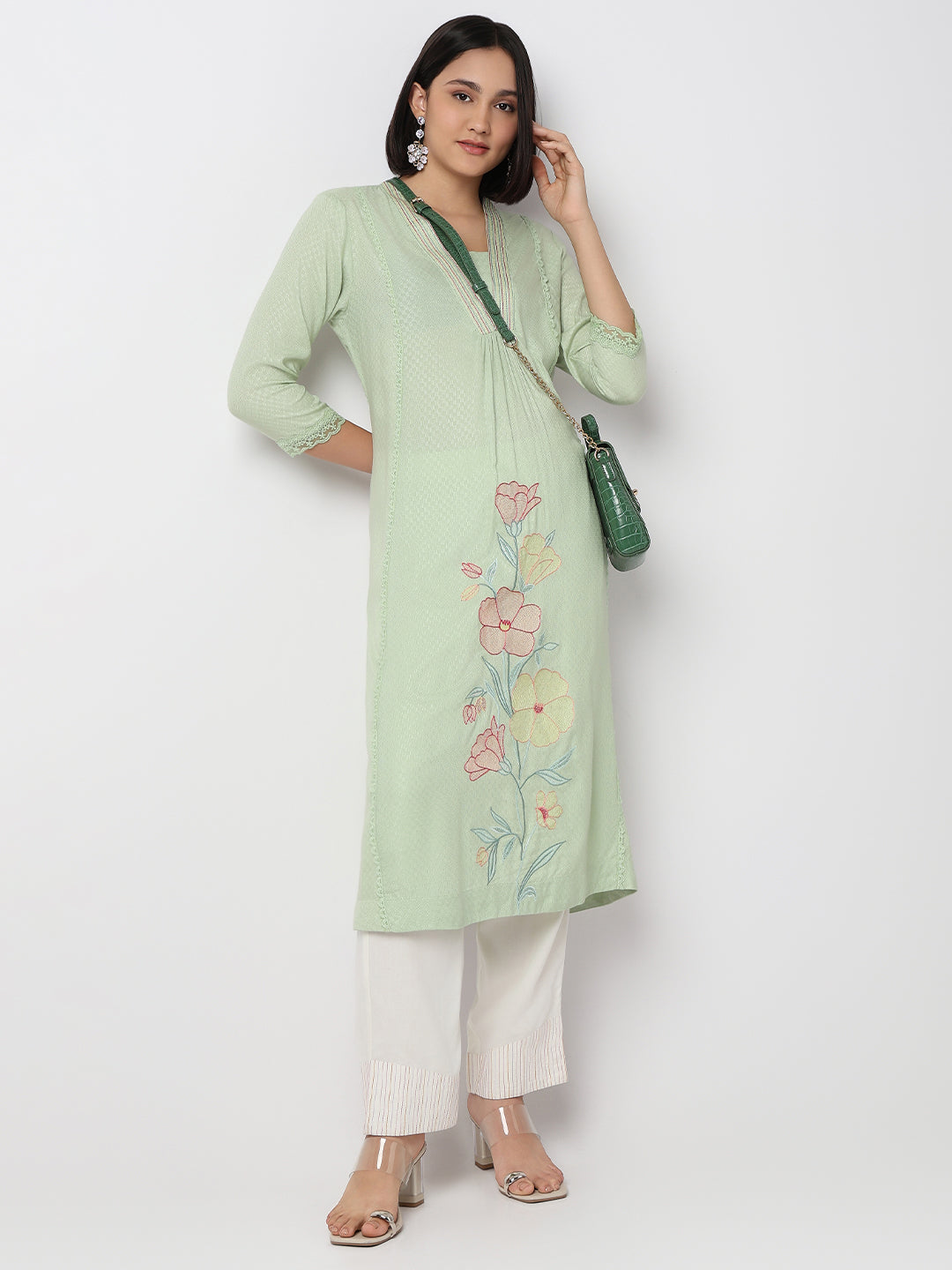 Regular Fit Embroidered Three-Fourth Sleeve Kurta