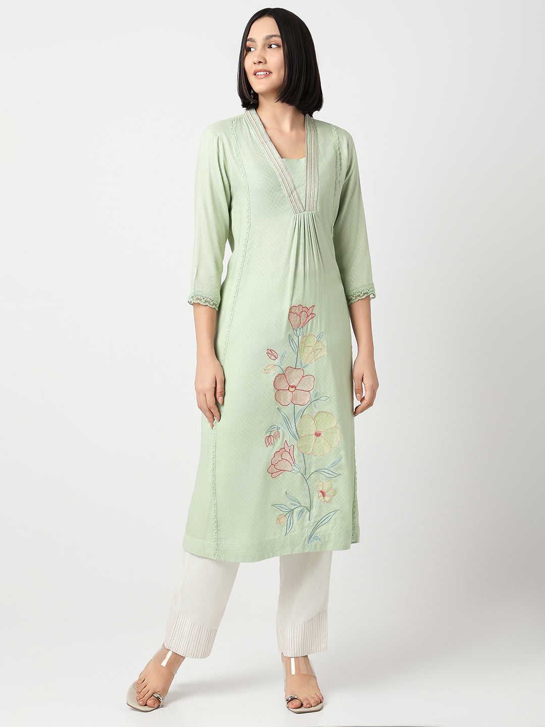 Regular Fit Embroidered Three-Fourth Sleeve Kurta