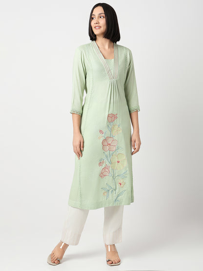 Regular Fit Embroidered Three-Fourth Sleeve Kurta