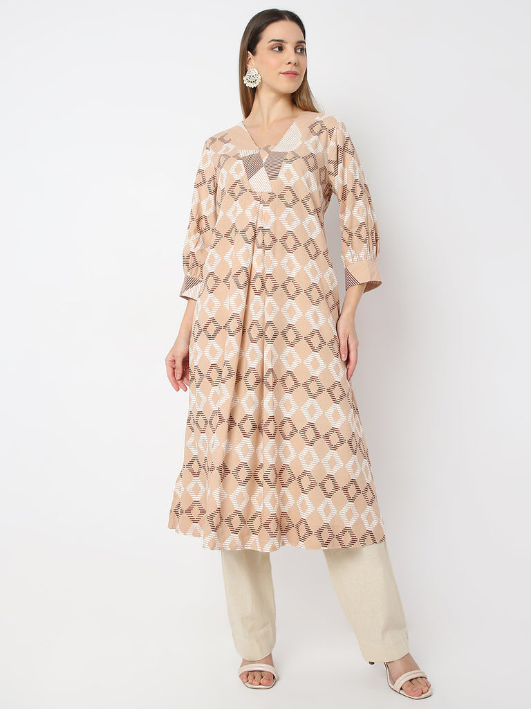 Straight Fit Printed V Neck Straight Sand Dunes Kurta