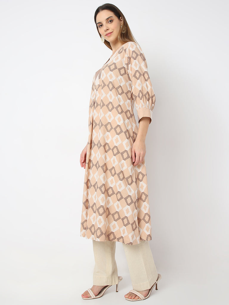 Straight Fit Printed V Neck Straight Sand Dunes Kurta