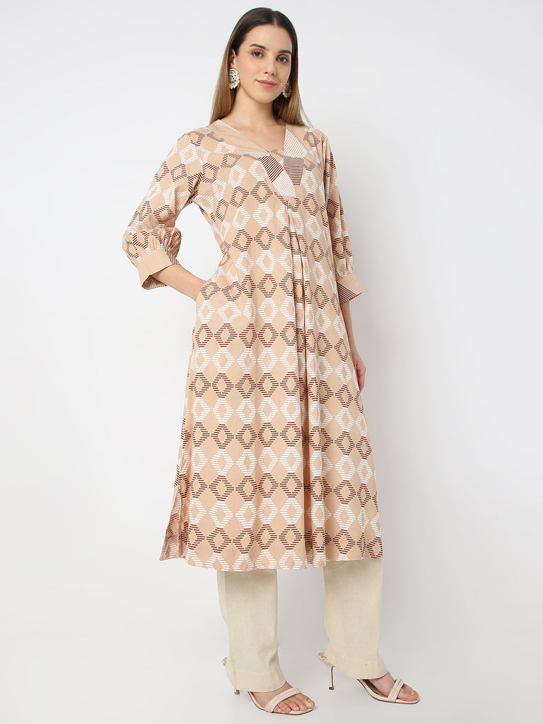 Straight Fit Printed V Neck Straight Sand Dunes Kurta