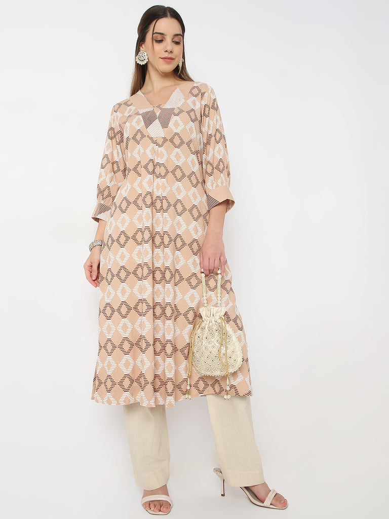 Straight Fit Printed V Neck Straight Sand Dunes Kurta